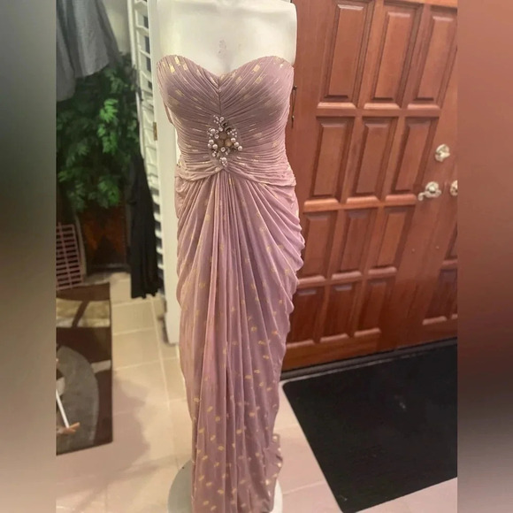 - ADRIANNA PAPELL BLUSH FOILED METALLIC DOT DRAPED STRAPLESS GOWN SZ 6 - Picture 5 of 16